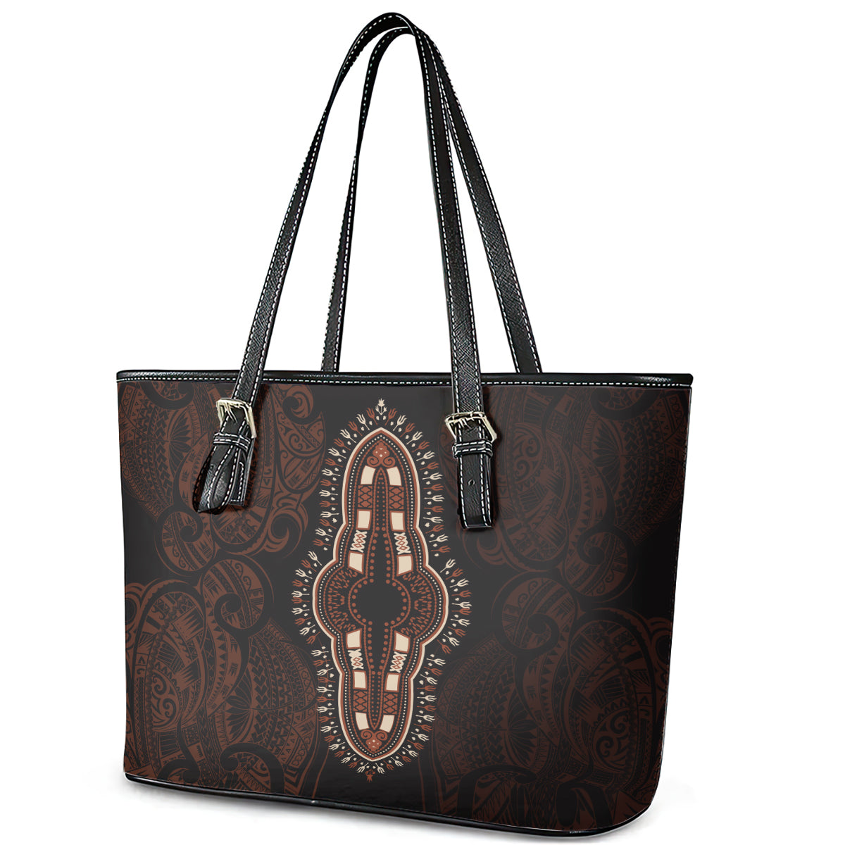 Africa Dashiki Leather Tote Bag African Tribal Art Mixed Polynesian Tattoo Red Color Unique - Wonder Print Shop