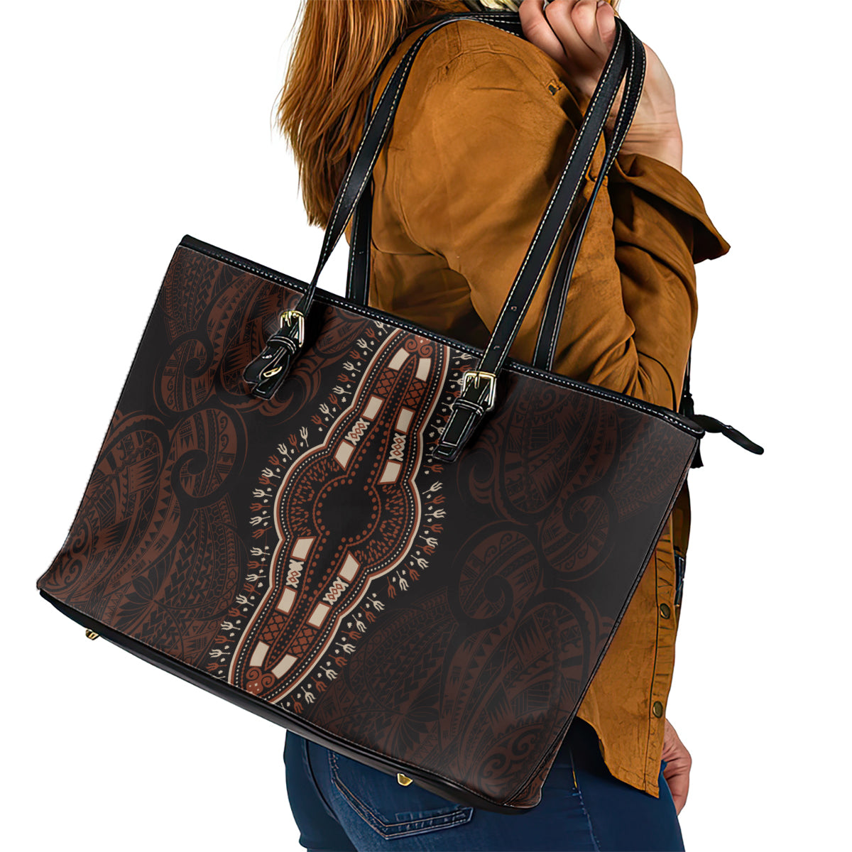 Africa Dashiki Leather Tote Bag African Tribal Art Mixed Polynesian Tattoo Red Color Unique - Wonder Print Shop