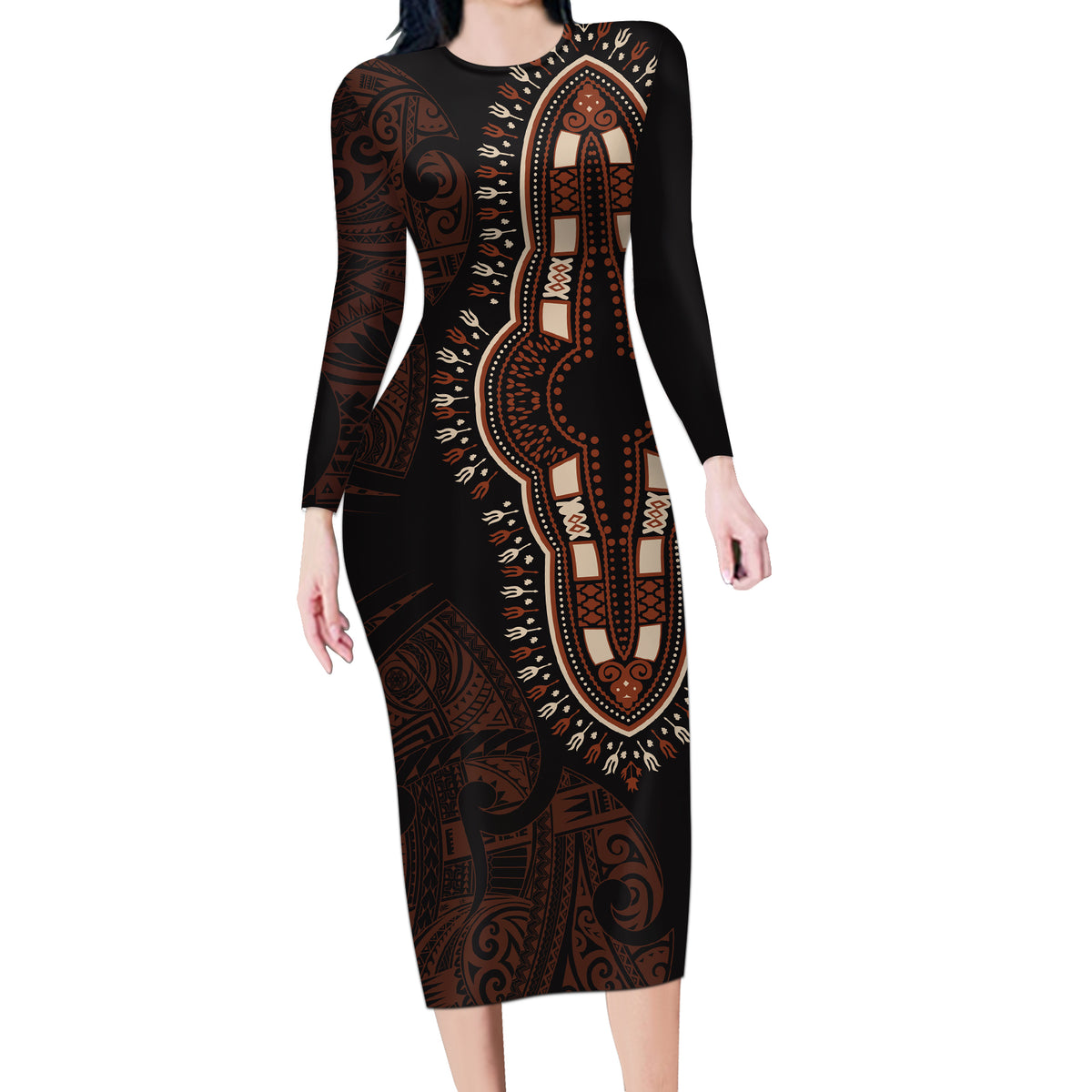 Africa Dashiki Long Sleeve Bodycon Dress African Tribal Art Mixed Polynesian Tattoo Red Color Unique - Wonder Print Shop