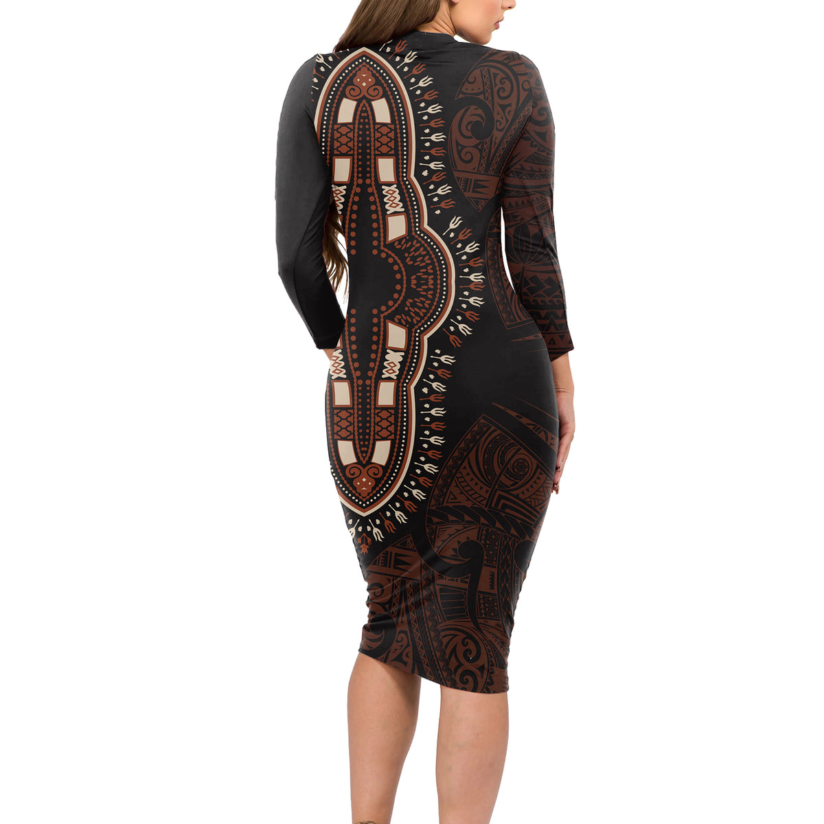 Africa Dashiki Long Sleeve Bodycon Dress African Tribal Art Mixed Polynesian Tattoo Red Color Unique - Wonder Print Shop