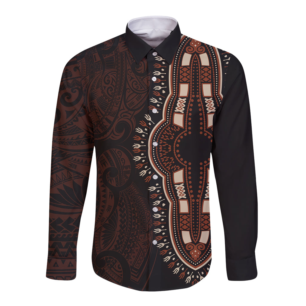 Africa Dashiki Long Sleeve Button Shirt African Tribal Art Mixed Polynesian Tattoo Red Color Unique - Wonder Print Shop