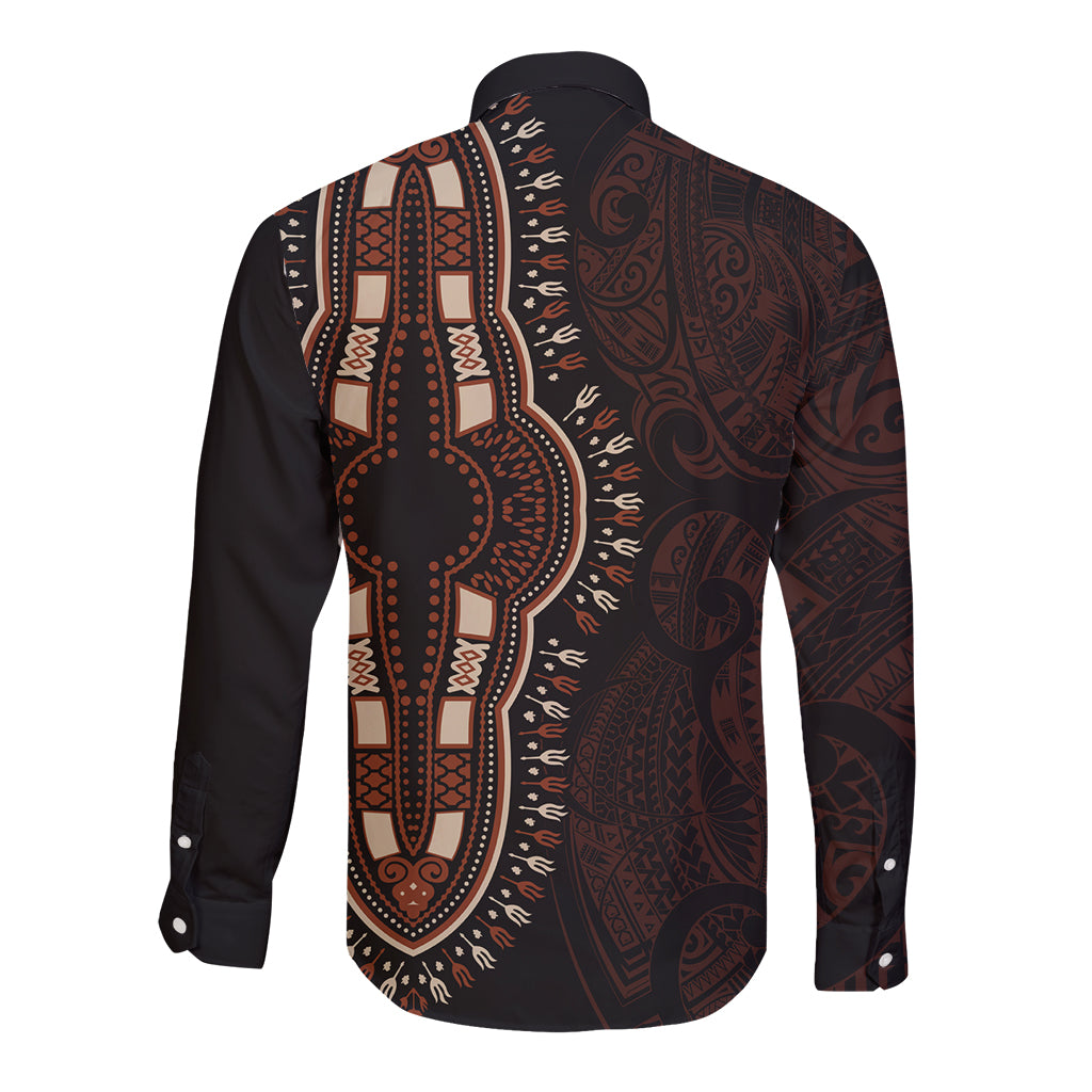 Africa Dashiki Long Sleeve Button Shirt African Tribal Art Mixed Polynesian Tattoo Red Color Unique - Wonder Print Shop