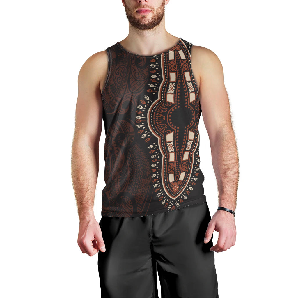 Africa Dashiki Men Tank Top African Tribal Art Mixed Polynesian Tattoo Red Color Unique - Wonder Print Shop