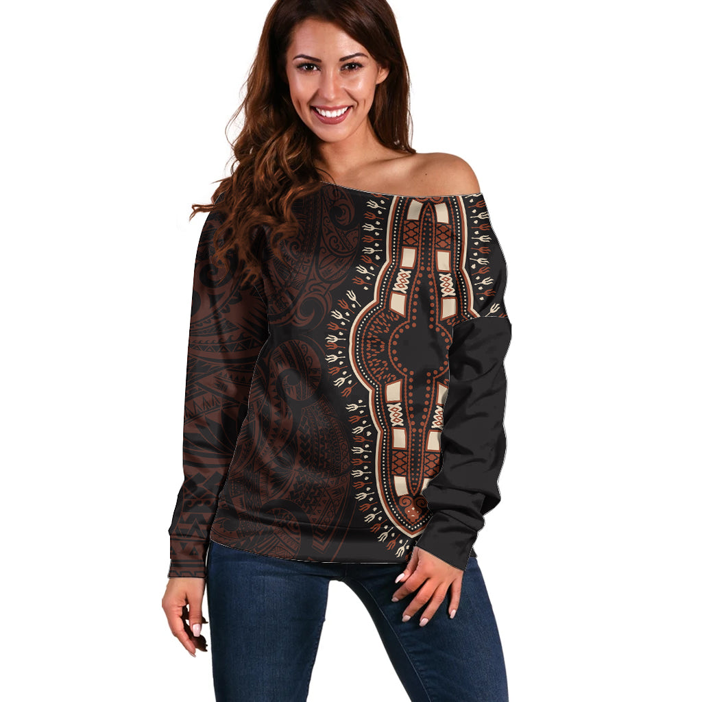 Africa Dashiki Off Shoulder Sweater African Tribal Art Mixed Polynesian Tattoo Red Color Unique - Wonder Print Shop