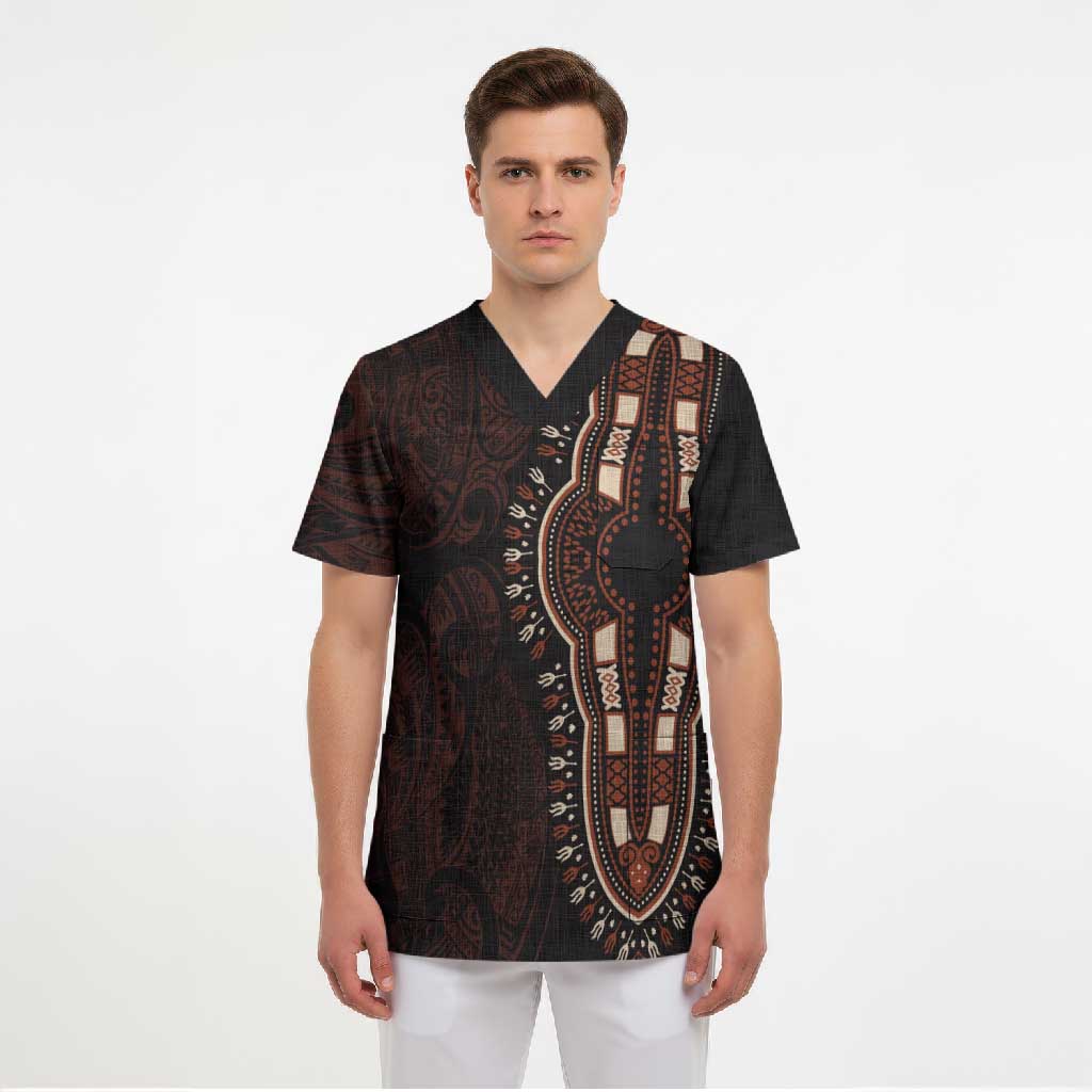 Dashiki and Polynesian Pattern Scrub Top Afro Pacific Culture Red Version