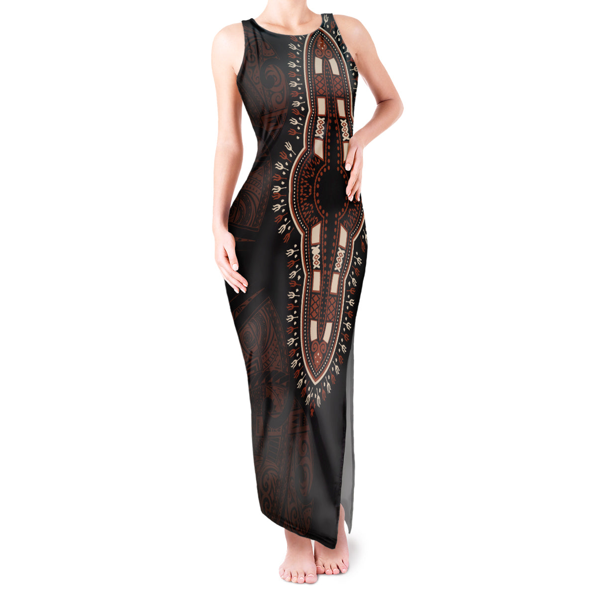 Africa Dashiki Tank Maxi Dress African Tribal Art Mixed Polynesian Tattoo Red Color Unique - Wonder Print Shop