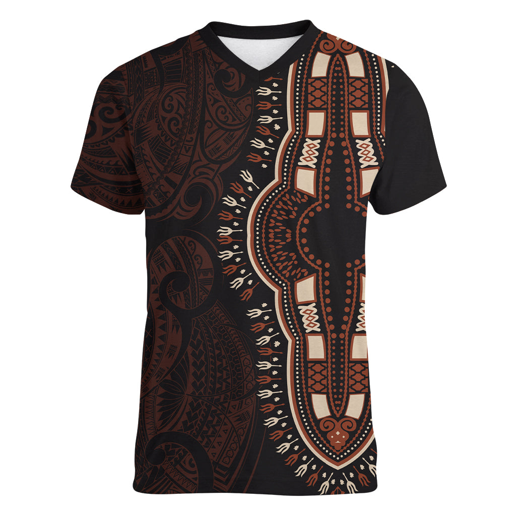 Africa Dashiki Women V Neck T Shirt African Tribal Art Mixed Polynesian Tattoo Red Color Unique - Wonder Print Shop