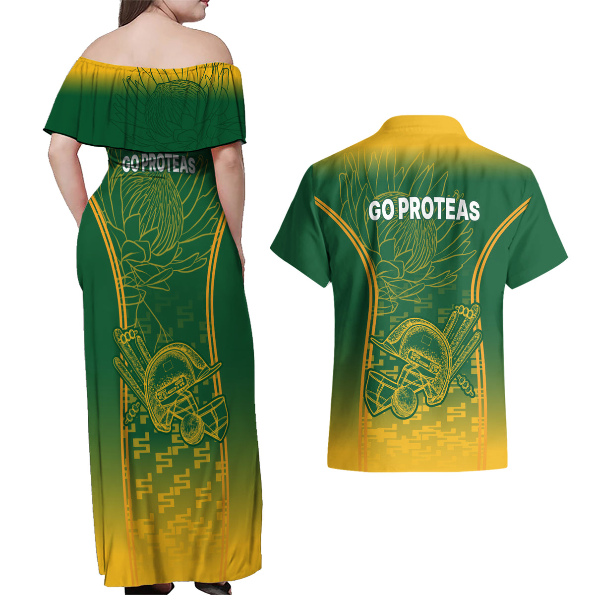 South Africa Cricket Couples Matching Off Shoulder Maxi Dress and Hawaiian Shirt Go Proteas World Cup Version 2023 Sproty LT9 - Wonder Print Shop