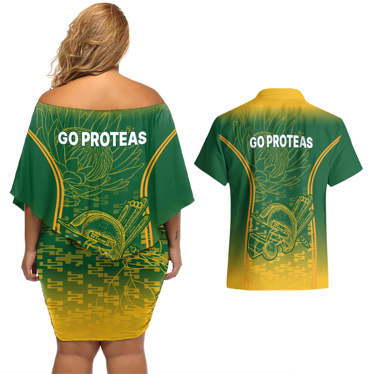 South Africa Cricket Couples Matching Off Shoulder Short Dress and Hawaiian Shirt Go Proteas World Cup Version 2023 Sproty LT9 - Wonder Print Shop