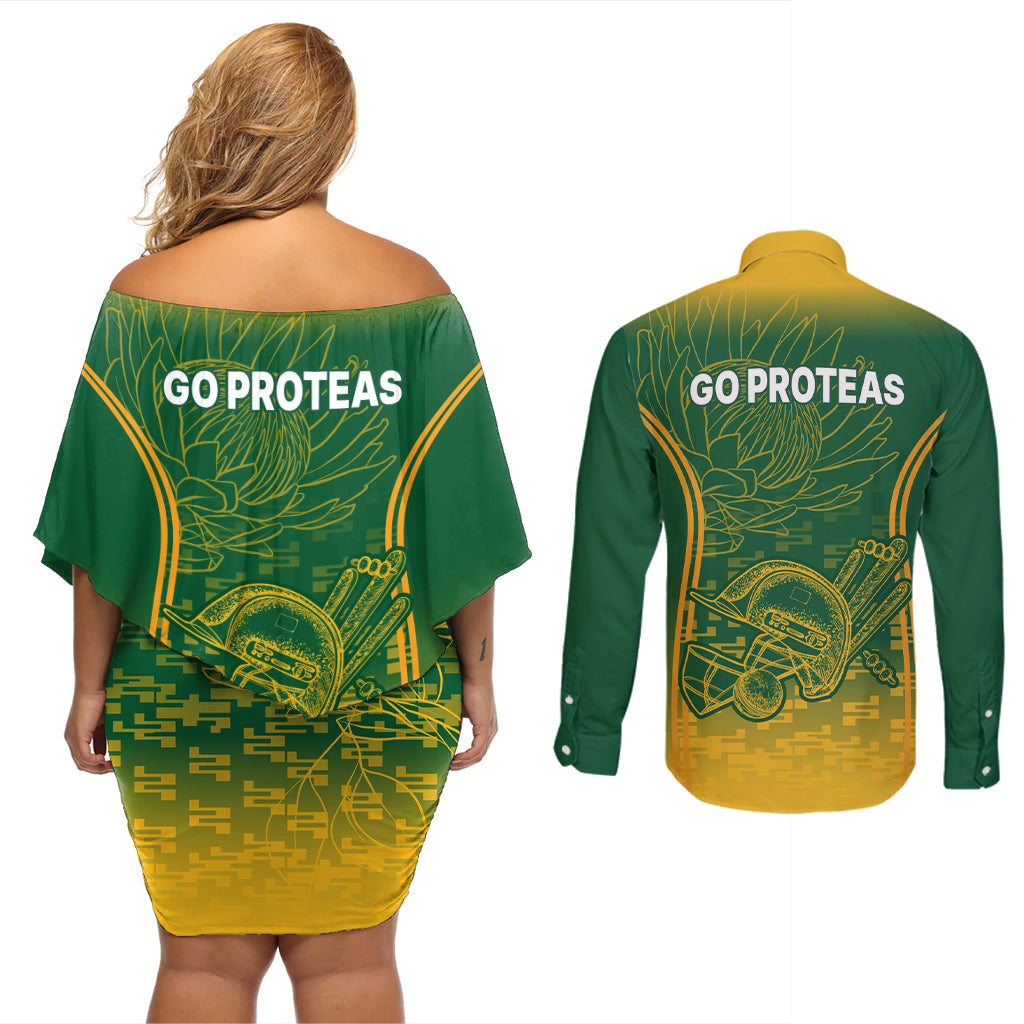 South Africa Cricket Couples Matching Off Shoulder Short Dress and Long Sleeve Button Shirts Go Proteas World Cup Version 2023 Sproty LT9 - Wonder Print Shop