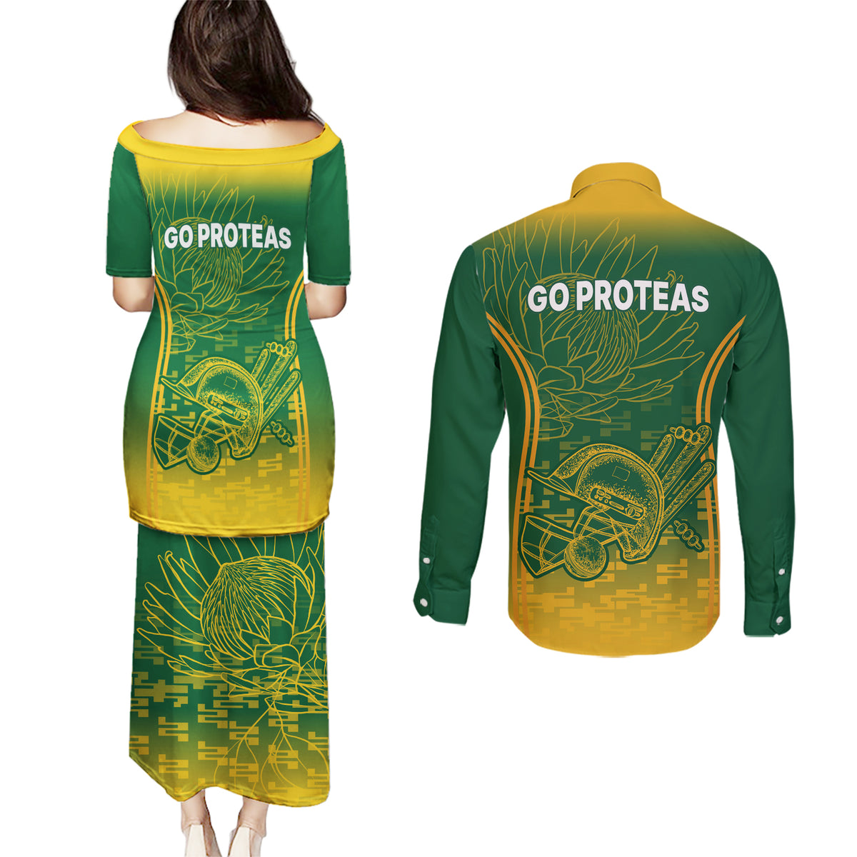 South Africa Cricket Couples Matching Puletasi Dress and Long Sleeve Button Shirts Go Proteas World Cup Version 2023 Sproty LT9 - Wonder Print Shop