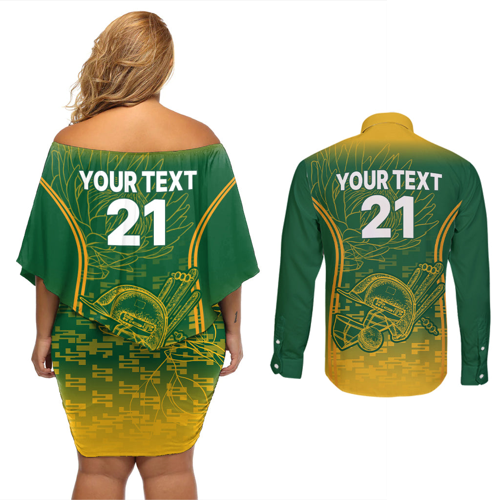 Custom South Africa Cricket Couples Matching Off Shoulder Short Dress and Long Sleeve Button Shirts Go Proteas World Cup Version 2023 Sproty LT9 - Wonder Print Shop