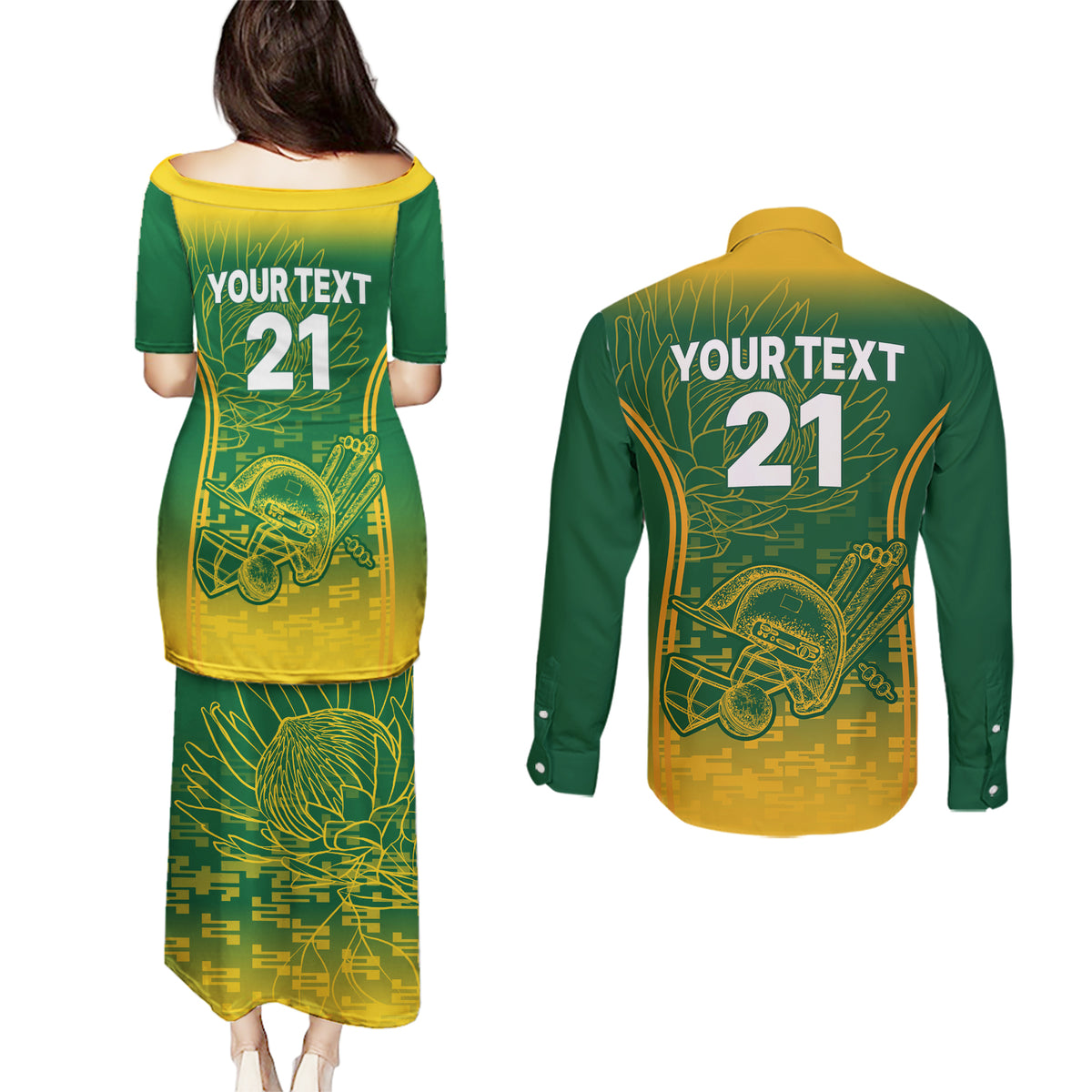 Custom South Africa Cricket Couples Matching Puletasi Dress and Long Sleeve Button Shirts Go Proteas World Cup Version 2023 Sproty LT9 - Wonder Print Shop