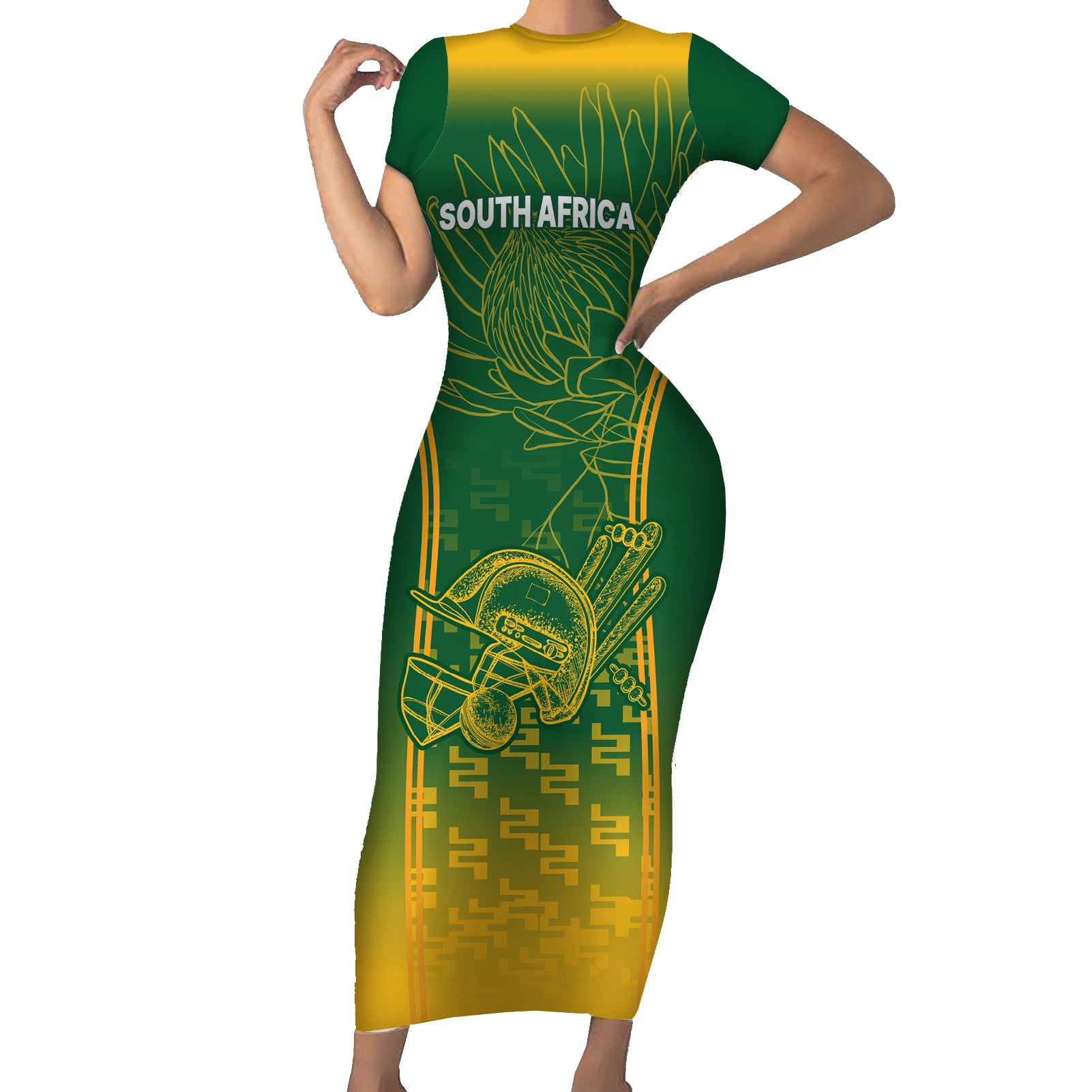 Custom South Africa Cricket Short Sleeve Bodycon Dress Go Proteas World Cup Version 2023 Sproty - Wonder Print Shop