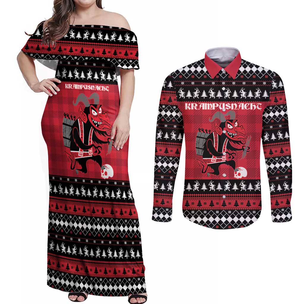 Merry Krampusnacht Personalized Couples Matching Off Shoulder Maxi Dress and Long Sleeve Button Shirt Austrian Bavaria Alpine Christmas Demons - Wonder Print Shop