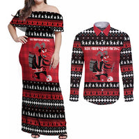 Merry Krampusnacht Personalized Couples Matching Off Shoulder Maxi Dress and Long Sleeve Button Shirt Austrian Bavaria Alpine Christmas Demons - Wonder Print Shop