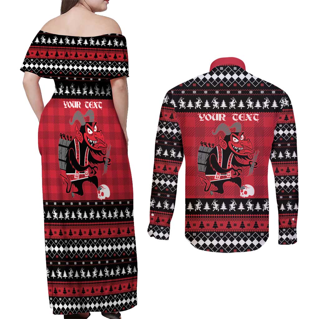 Merry Krampusnacht Personalized Couples Matching Off Shoulder Maxi Dress and Long Sleeve Button Shirt Austrian Bavaria Alpine Christmas Demons - Wonder Print Shop