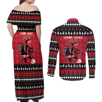 Merry Krampusnacht Personalized Couples Matching Off Shoulder Maxi Dress and Long Sleeve Button Shirt Austrian Bavaria Alpine Christmas Demons - Wonder Print Shop