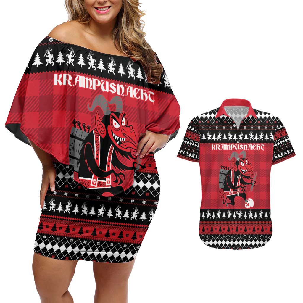 Merry Krampusnacht Personalized Couples Matching Off Shoulder Short Dress and Hawaiian Shirt Austrian Bavaria Alpine Christmas Demons - Wonder Print Shop