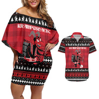 Merry Krampusnacht Personalized Couples Matching Off Shoulder Short Dress and Hawaiian Shirt Austrian Bavaria Alpine Christmas Demons - Wonder Print Shop