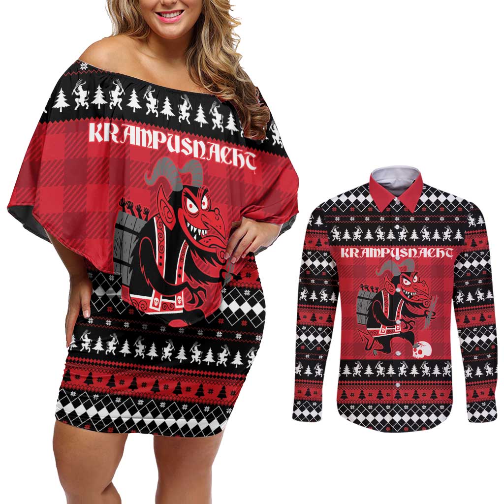 Merry Krampusnacht Personalized Couples Matching Off Shoulder Short Dress and Long Sleeve Button Shirt Austrian Bavaria Alpine Christmas Demons - Wonder Print Shop