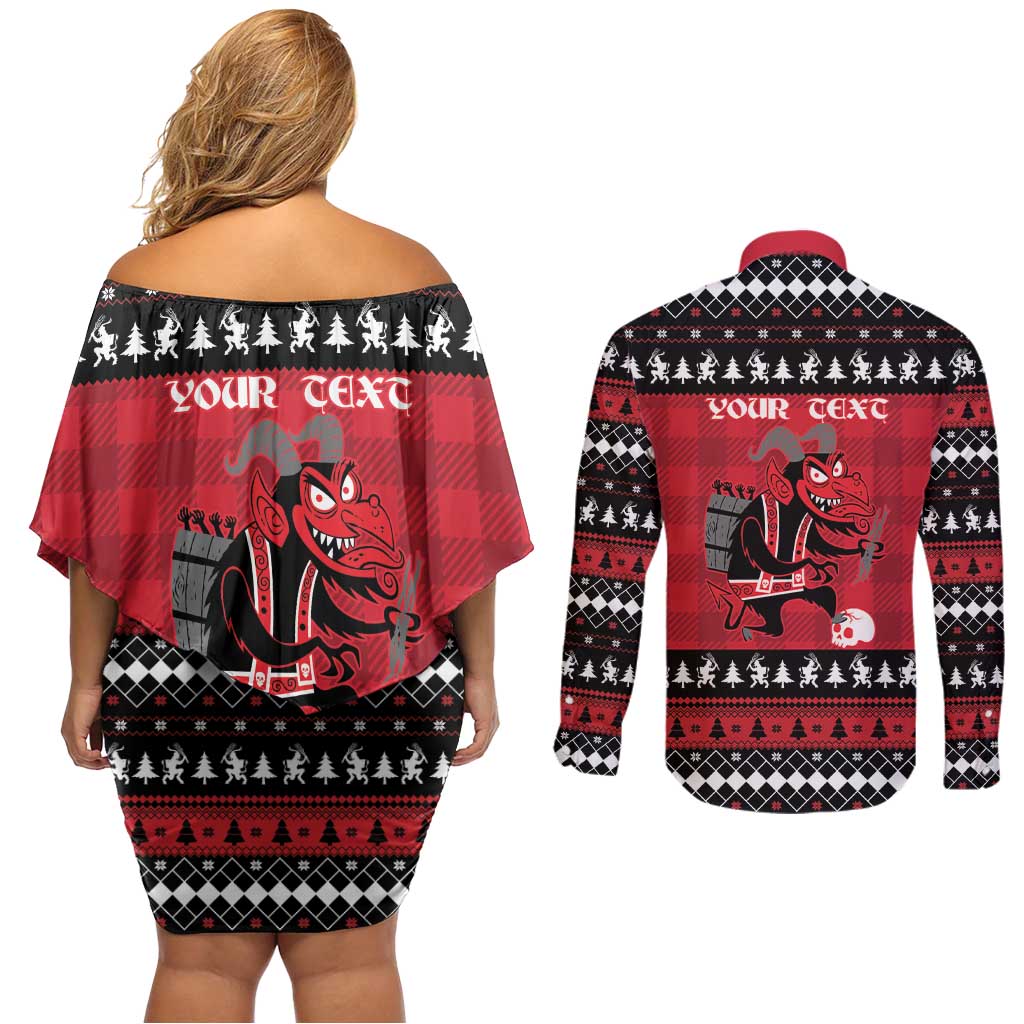 Merry Krampusnacht Personalized Couples Matching Off Shoulder Short Dress and Long Sleeve Button Shirt Austrian Bavaria Alpine Christmas Demons - Wonder Print Shop