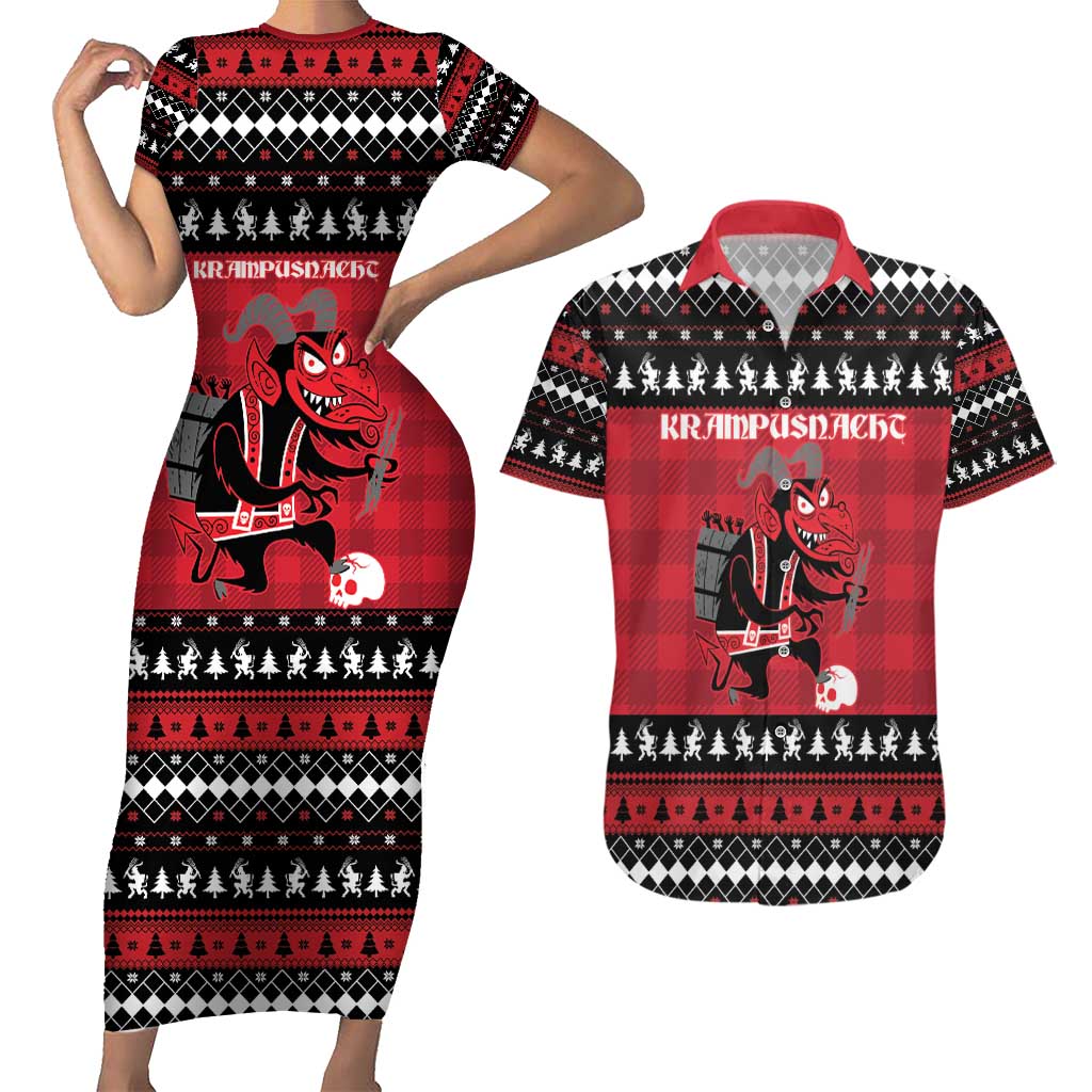 Merry Krampusnacht Personalized Couples Matching Short Sleeve Bodycon Dress and Hawaiian Shirt Austrian Bavaria Alpine Christmas Demons - Wonder Print Shop