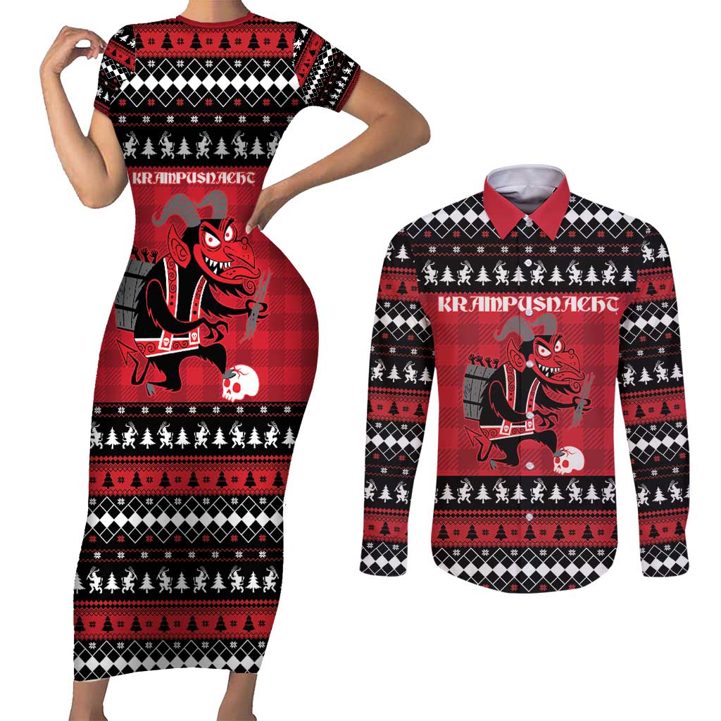 Merry Krampusnacht Personalized Couples Matching Short Sleeve Bodycon Dress and Long Sleeve Button Shirt Austrian Bavaria Alpine Christmas Demons - Wonder Print Shop