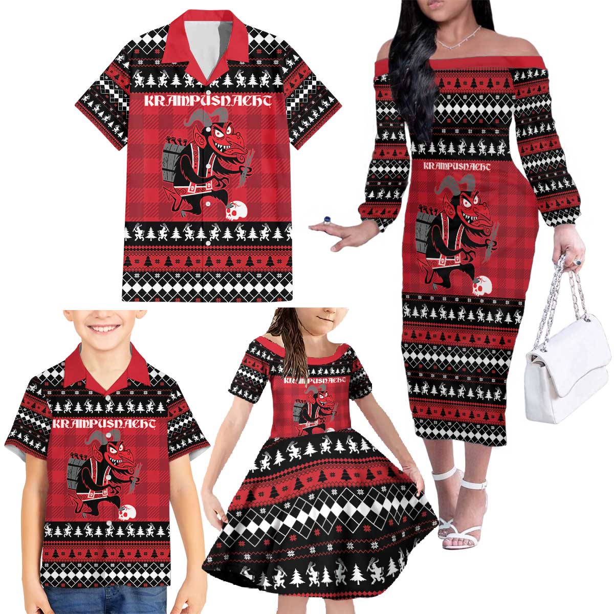Merry Krampusnacht Personalized Family Matching Off The Shoulder Long Sleeve Dress and Hawaiian Shirt Austrian Bavaria Alpine Christmas Demons - Wonder Print Shop