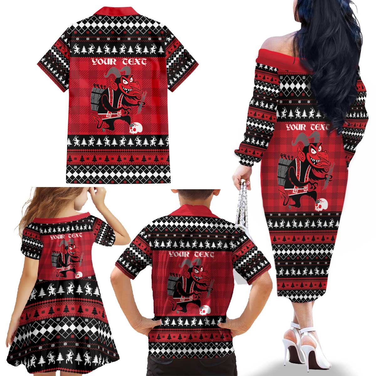 Merry Krampusnacht Personalized Family Matching Off The Shoulder Long Sleeve Dress and Hawaiian Shirt Austrian Bavaria Alpine Christmas Demons - Wonder Print Shop