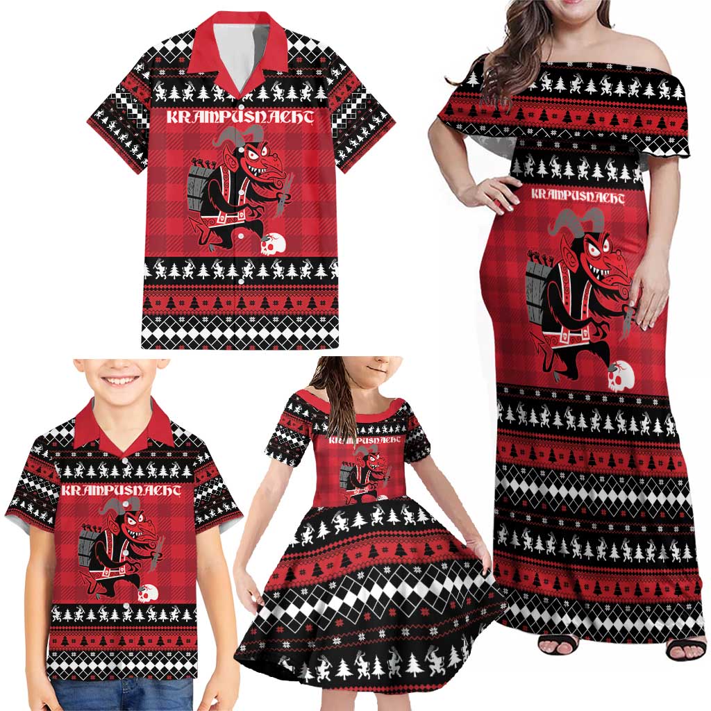 Merry Krampusnacht Personalized Family Matching Off Shoulder Maxi Dress and Hawaiian Shirt Austrian Bavaria Alpine Christmas Demons - Wonder Print Shop