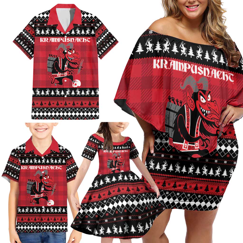 Merry Krampusnacht Personalized Family Matching Off Shoulder Short Dress and Hawaiian Shirt Austrian Bavaria Alpine Christmas Demons - Wonder Print Shop