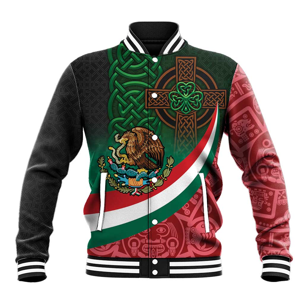 Mexico and Ireland Together Baseball Jacket Aztec Sun Mix Celtic Shamrock - Wonder Print Shop