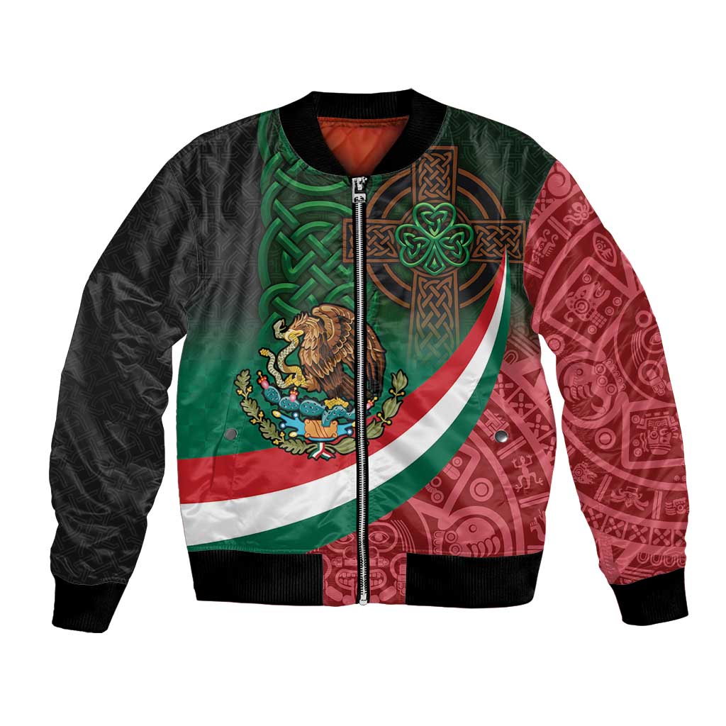 Mexico and Ireland Together Bomber Jacket Aztec Sun Mix Celtic Shamrock - Wonder Print Shop