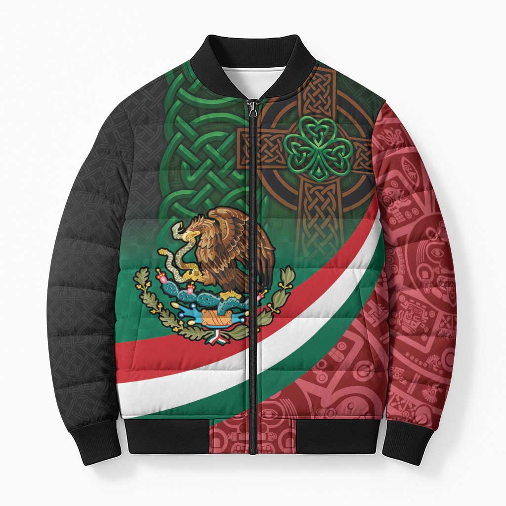 Mexico and Ireland Together Bomber Puffer Jacket Aztec Sun Mix Celtic Shamrock - Wonder Print Shop