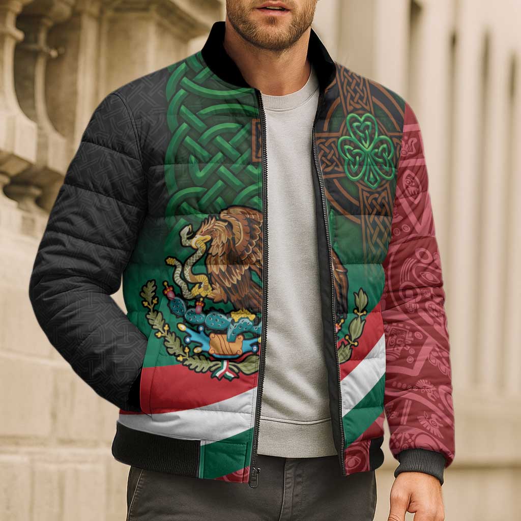 Mexico and Ireland Together Bomber Puffer Jacket Aztec Sun Mix Celtic Shamrock - Wonder Print Shop