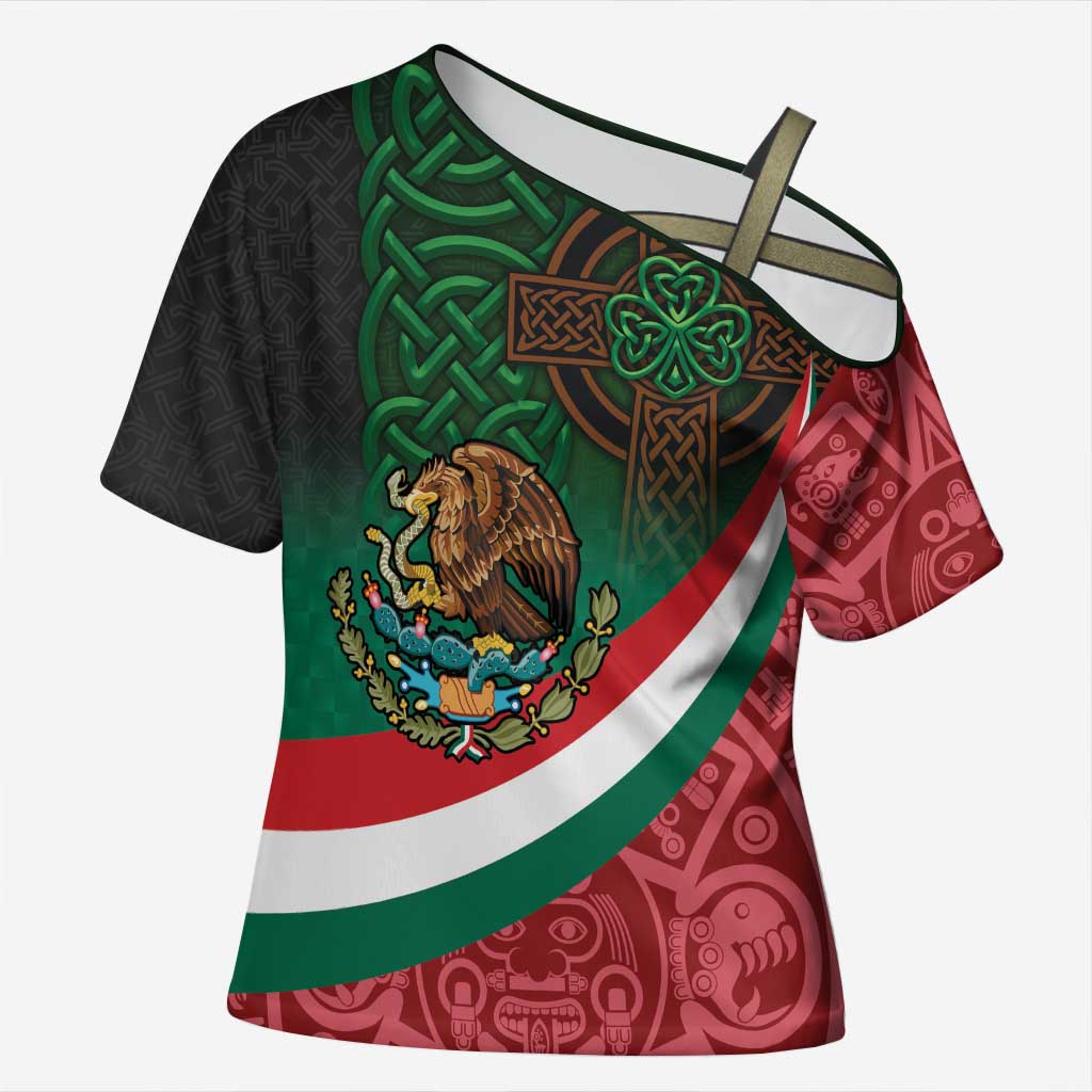 Mexico and Ireland Together Cross Shoulder Shirt Aztec Sun Mix Celtic Shamrock - Wonder Print Shop