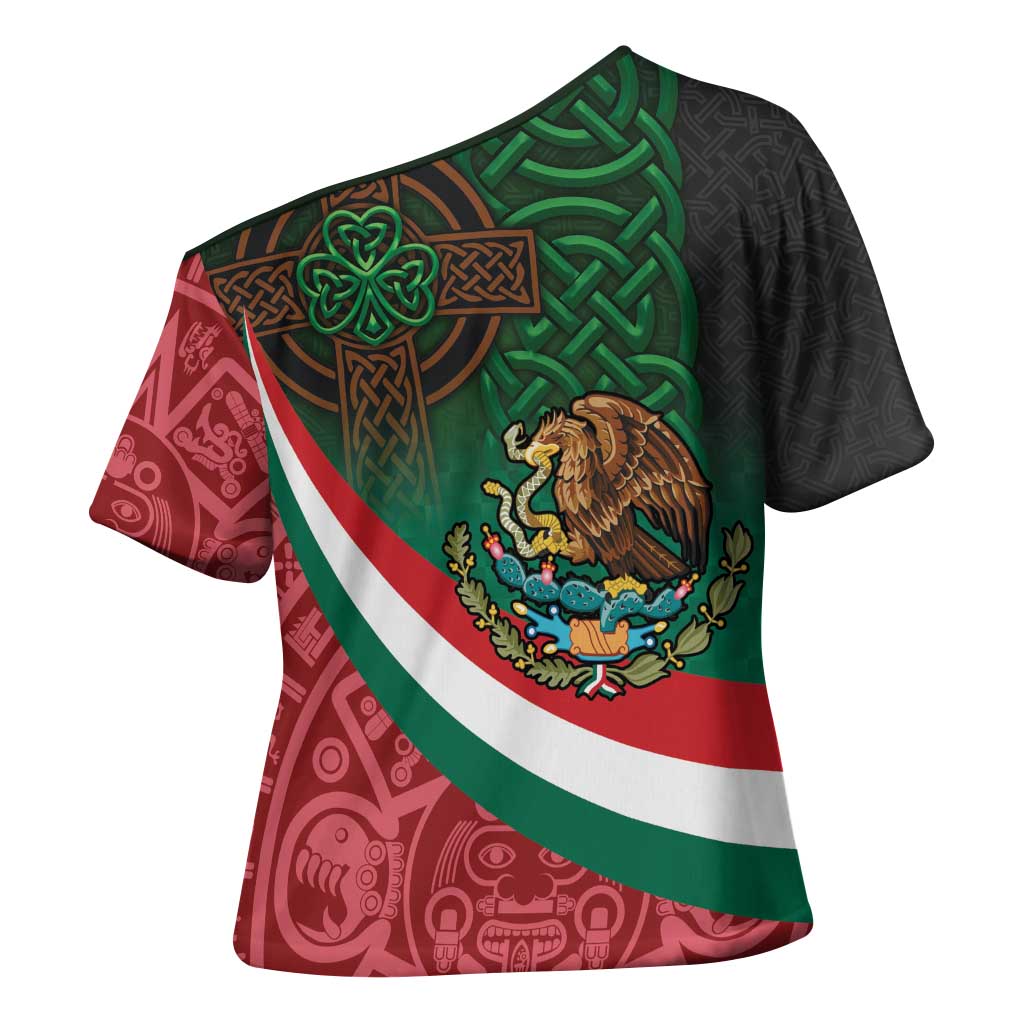 Mexico and Ireland Together Cross Shoulder Shirt Aztec Sun Mix Celtic Shamrock - Wonder Print Shop