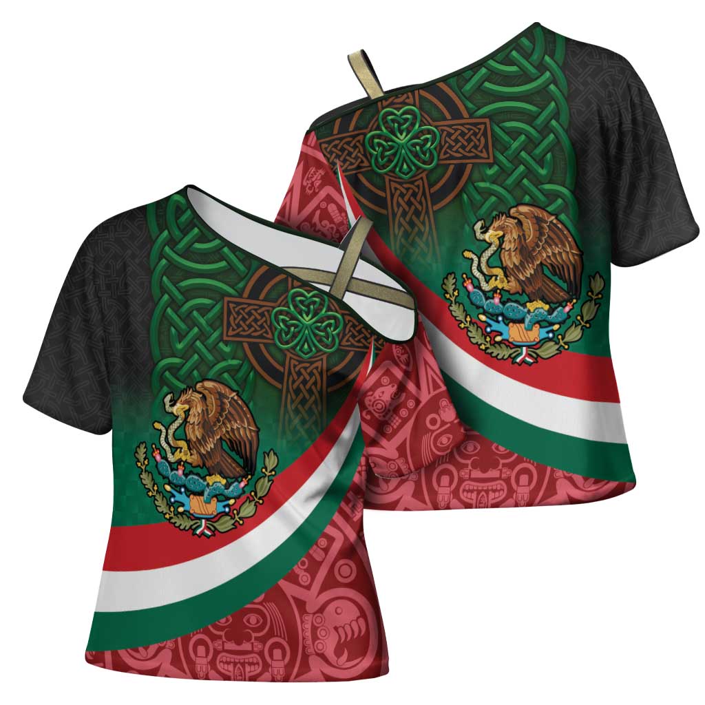 Mexico and Ireland Together Cross Shoulder Shirt Aztec Sun Mix Celtic Shamrock - Wonder Print Shop