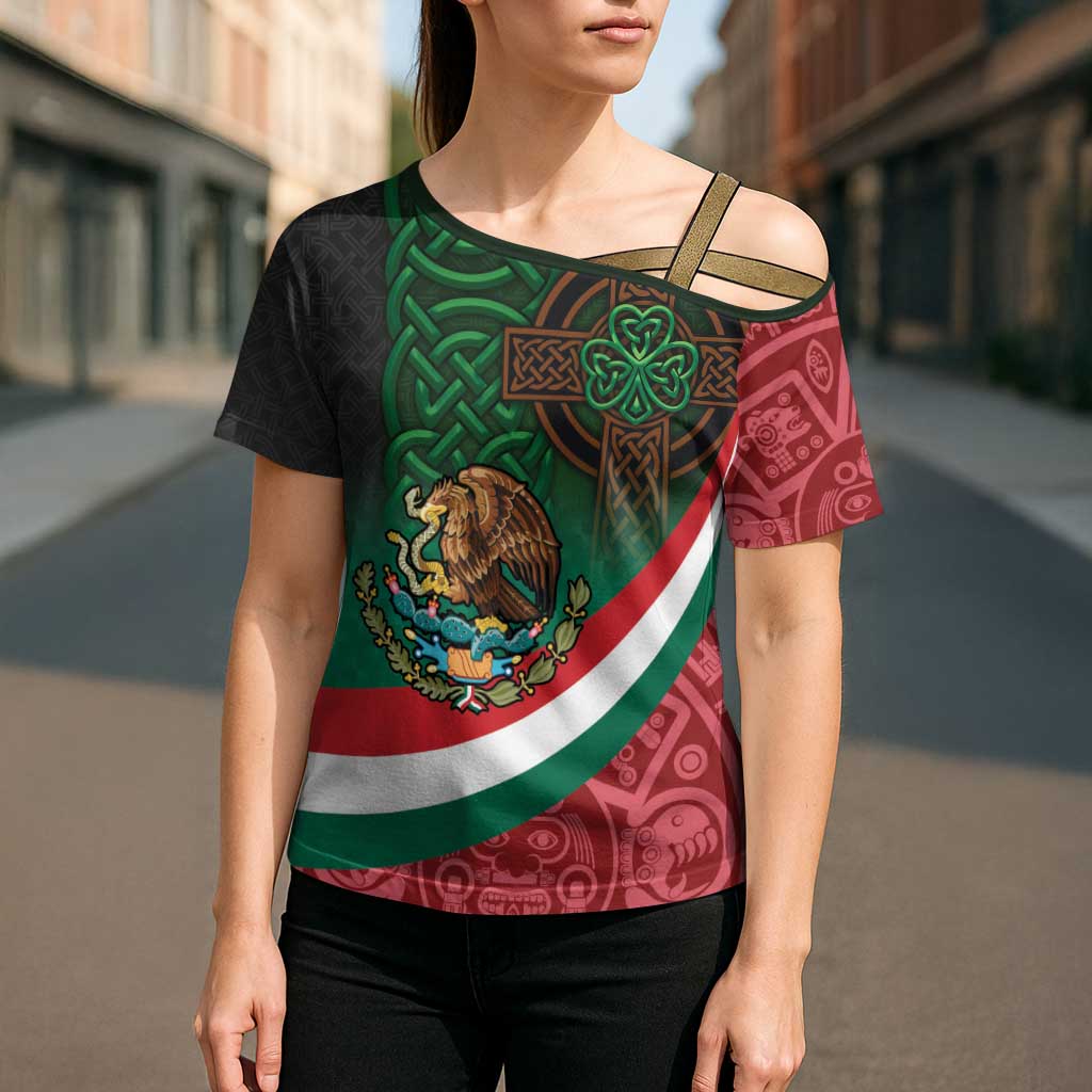 Mexico and Ireland Together Cross Shoulder Shirt Aztec Sun Mix Celtic Shamrock - Wonder Print Shop