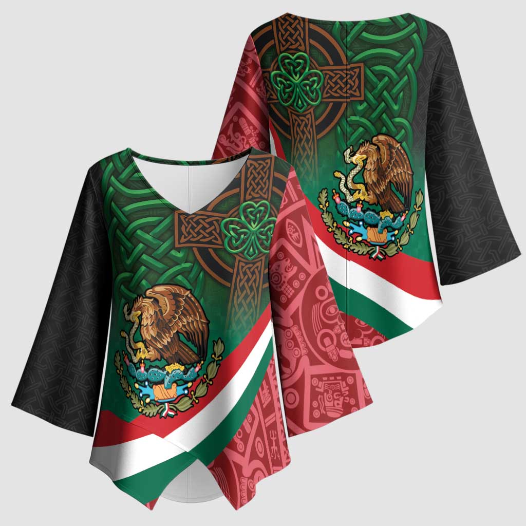 Mexico and Ireland Together Kimono Sleeve Blouse Aztec Sun Mix Celtic Shamrock - Wonder Print Shop