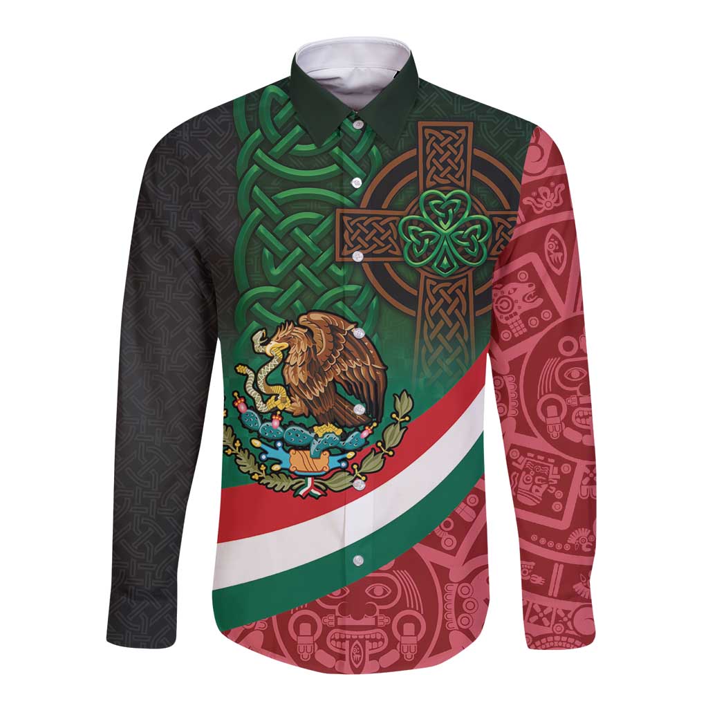 Mexico and Ireland Together Long Sleeve Button Shirt Aztec Sun Mix Celtic Shamrock - Wonder Print Shop
