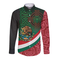 Mexico and Ireland Together Long Sleeve Button Shirt Aztec Sun Mix Celtic Shamrock - Wonder Print Shop