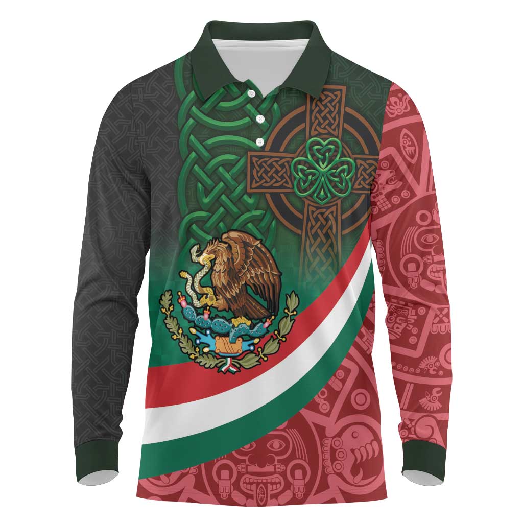 Mexico and Ireland Together Long Sleeve Polo Shirt Aztec Sun Mix Celtic Shamrock - Wonder Print Shop