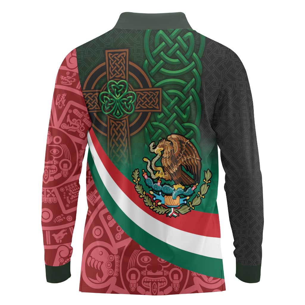 Mexico and Ireland Together Long Sleeve Polo Shirt Aztec Sun Mix Celtic Shamrock - Wonder Print Shop
