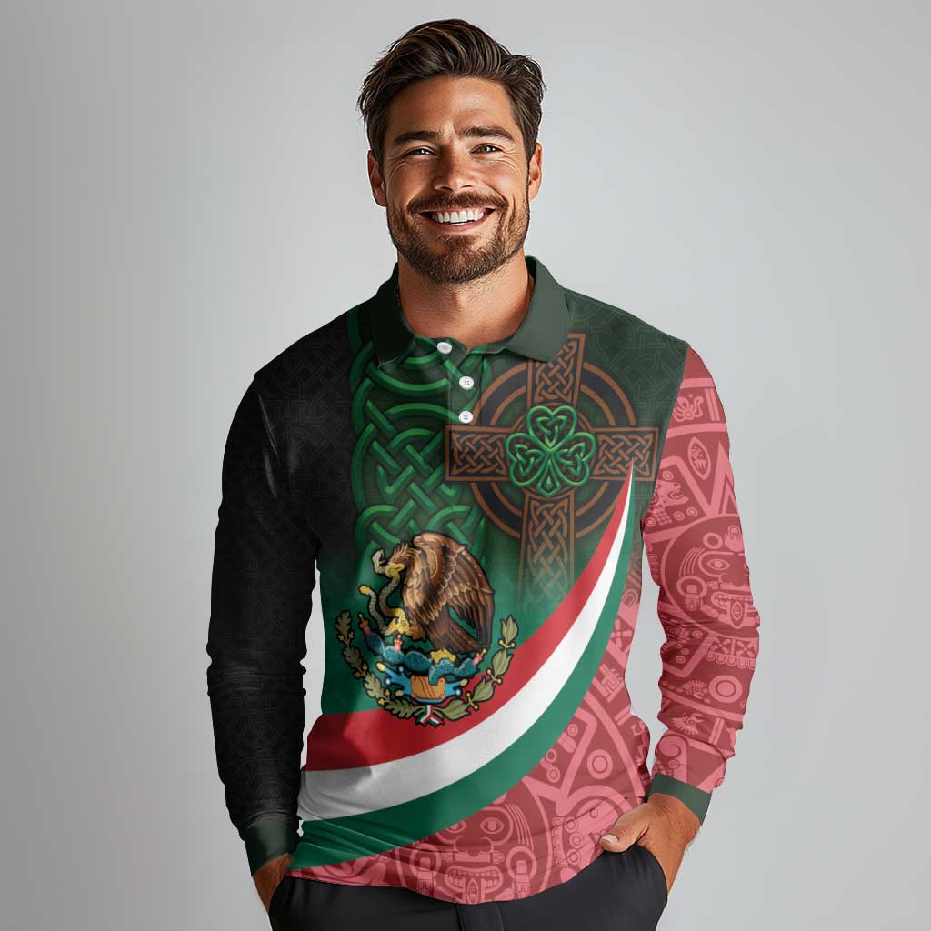 Mexico and Ireland Together Long Sleeve Polo Shirt Aztec Sun Mix Celtic Shamrock - Wonder Print Shop