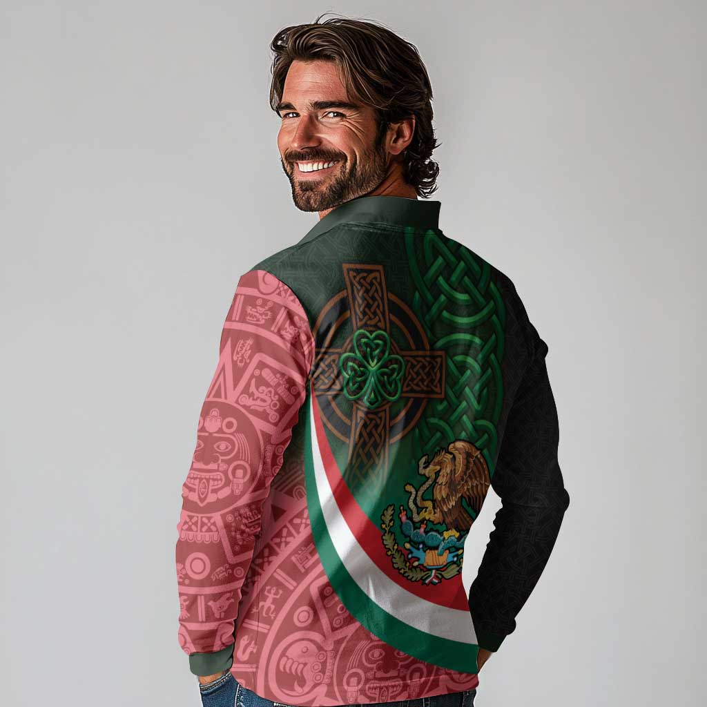 Mexico and Ireland Together Long Sleeve Polo Shirt Aztec Sun Mix Celtic Shamrock - Wonder Print Shop