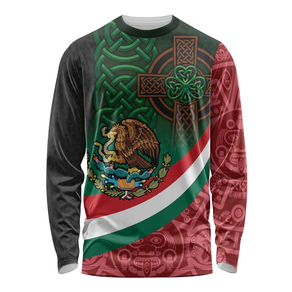 Mexico and Ireland Together Long Sleeve Shirt Aztec Sun Mix Celtic Shamrock - Wonder Print Shop