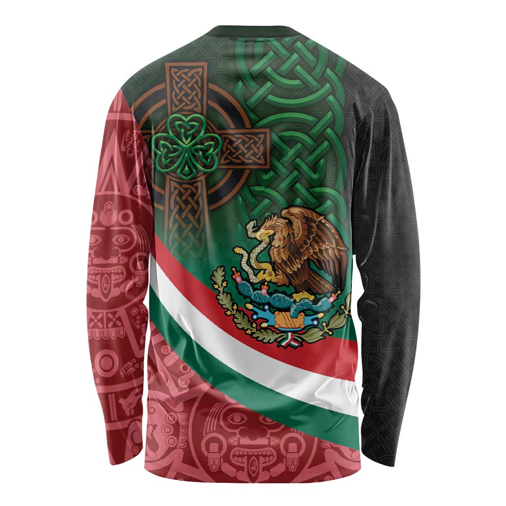 Mexico and Ireland Together Long Sleeve Shirt Aztec Sun Mix Celtic Shamrock - Wonder Print Shop