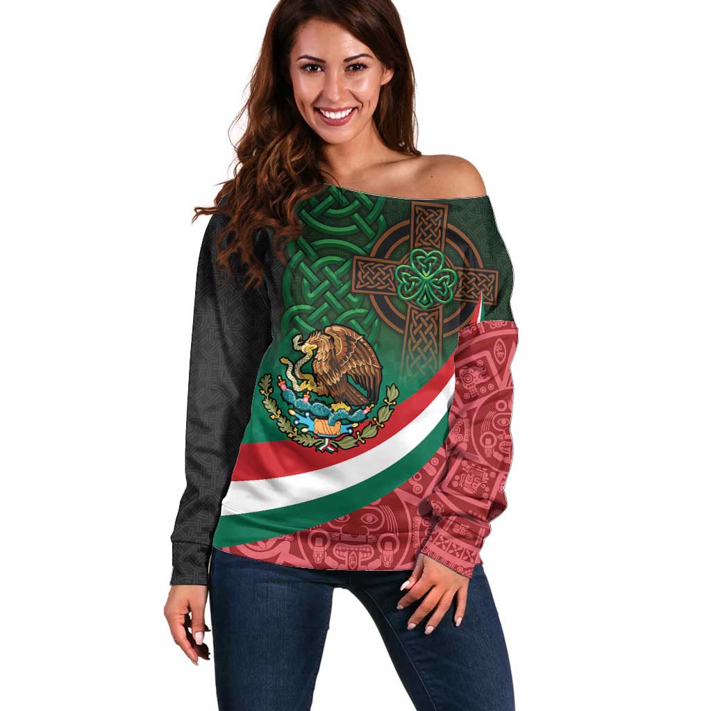Mexico and Ireland Together Off Shoulder Sweater Aztec Sun Mix Celtic Shamrock - Wonder Print Shop